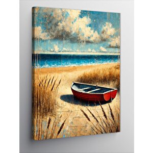Kanvas Tablo Sahilde Küçük Kırmızı Kayık 70x100 cm