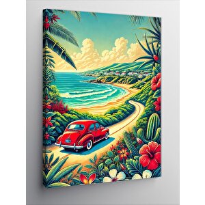 Kanvas Tablo Sahilde Kırmızı Araba 50x70 cm