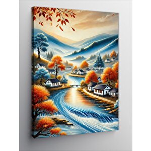 Kanvas Tablo Renkli Nehir Ve Köy Manzarası 50x70 cm