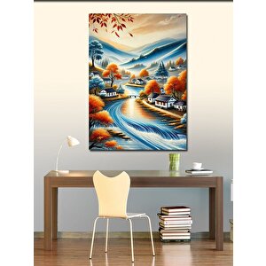 Kanvas Tablo Renkli Nehir Ve Köy Manzarası 50x70 cm