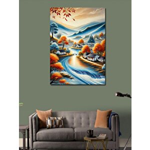 Kanvas Tablo Renkli Nehir Ve Köy Manzarası 50x70 cm