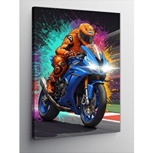 Kanvas Tablo Yarış Pistinde Turuncu Motorcu 70x100 cm
