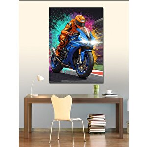 Kanvas Tablo Yarış Pistinde Turuncu Motorcu 100x140 cm