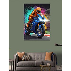 Kanvas Tablo Yarış Pistinde Turuncu Motorcu 100x140 cm