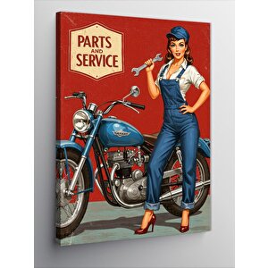 Kanvas Tablo Retro Mavi Motosiklet Ve Kadın 50x70 cm