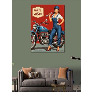 Kanvas Tablo Retro Mavi Motosiklet Ve Kadın 50x70 cm