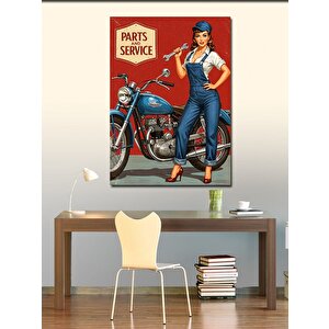 Kanvas Tablo Retro Mavi Motosiklet Ve Kadın 70x100 cm