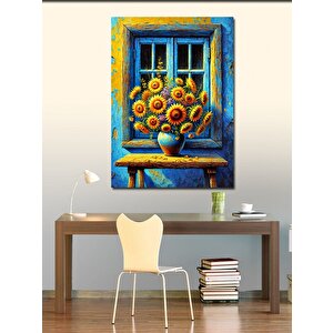 Kanvas Tablo Mavi Pencere Ve Ayçiçekleri 50x70 cm