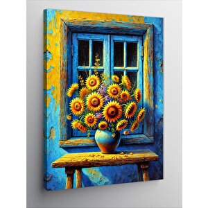Kanvas Tablo Mavi Pencere Ve Ayçiçekleri 70x100 cm
