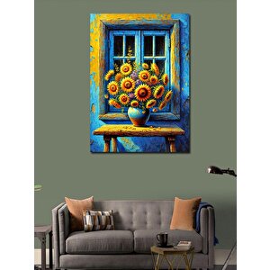 Kanvas Tablo Mavi Pencere Ve Ayçiçekleri 70x100 cm