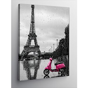 Kanvas Tablo Eyfel Kulesi Ve Yağmurda Pembe Motosiklet 70x100 cm