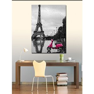 Kanvas Tablo Eyfel Kulesi Ve Yağmurda Pembe Motosiklet 50x70 cm
