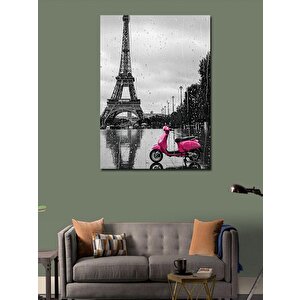Kanvas Tablo Eyfel Kulesi Ve Yağmurda Pembe Motosiklet 50x70 cm
