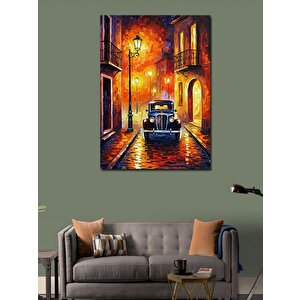 Kanvas Tablo Gece Sokak Lambaları Ve Vintage Araba 70x100 cm