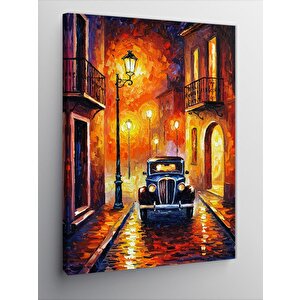 Kanvas Tablo Gece Sokak Lambaları Ve Vintage Araba 50x70 cm