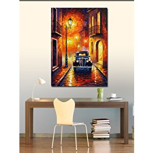 Kanvas Tablo Gece Sokak Lambaları Ve Vintage Araba 50x70 cm