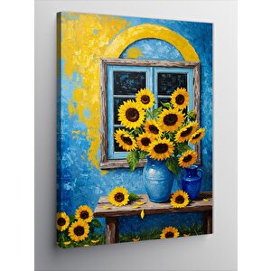 Kanvas Tablo Ayçiçekleri Ve Mavi Pencere 50x70 cm