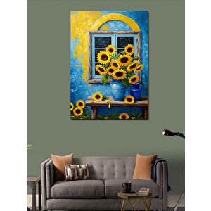 Kanvas Tablo Ayçiçekleri Ve Mavi Pencere 50x70 cm