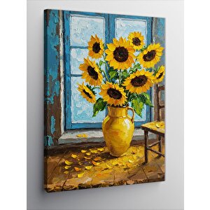 Kanvas Tablo Sarı Ayçiçekleri Ve Mavi Pencere 70x100 cm