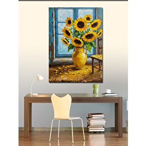 Kanvas Tablo Sarı Ayçiçekleri Ve Mavi Pencere 70x100 cm