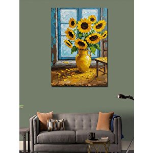 Kanvas Tablo Sarı Ayçiçekleri Ve Mavi Pencere 100x140 cm