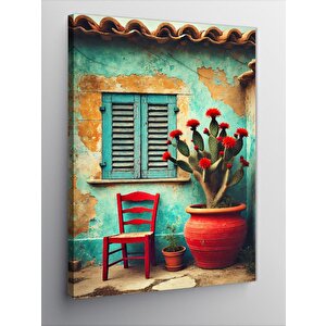 Kanvas Tablo Mavi Pencere Ve Saksılar 100x140 cm