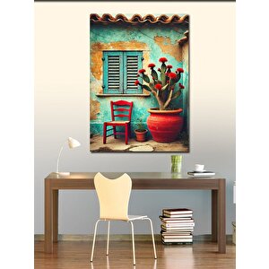 Kanvas Tablo Mavi Pencere Ve Saksılar 100x140 cm