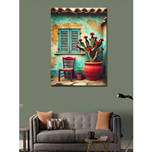 Kanvas Tablo Mavi Pencere Ve Saksılar 100x140 cm