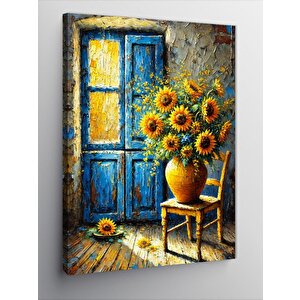 Kanvas Tablo Mavi Kapı Ve Ayçiçekleri 100x140 cm