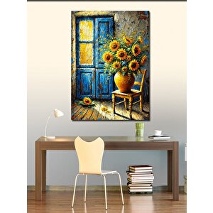 Kanvas Tablo Mavi Kapı Ve Ayçiçekleri 100x140 cm
