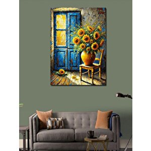 Kanvas Tablo Mavi Kapı Ve Ayçiçekleri 100x140 cm