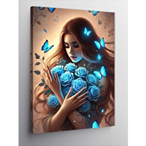 Kanvas Tablo Mavi Gül Tutan Kadın 100x140 cm