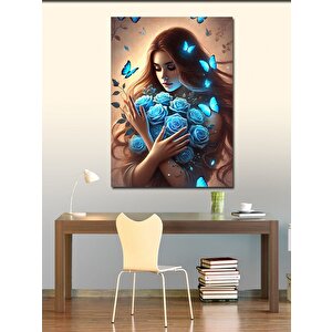 Kanvas Tablo Mavi Gül Tutan Kadın 100x140 cm