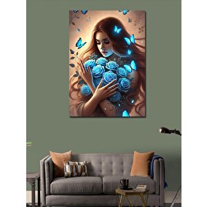 Kanvas Tablo Mavi Gül Tutan Kadın 100x140 cm