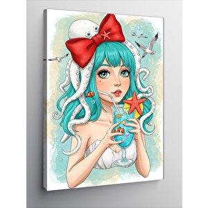 Kanvas Tablo Mavi Saçlı Kız Ve Deniz Yıldızı 50x70 cm