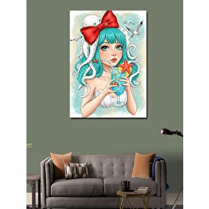 Kanvas Tablo Mavi Saçlı Kız Ve Deniz Yıldızı 100x140 cm