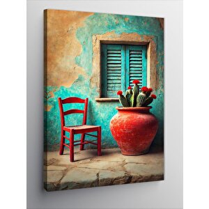 Kanvas Tablo Mavi Panjurlu Ev Ve Pastel Renkler 100x140 cm