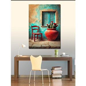 Kanvas Tablo Mavi Panjurlu Ev Ve Pastel Renkler 100x140 cm