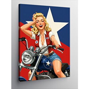 Kanvas Tablo Motorsikletli Retro Kadın Ve Teksas Teması 100x140 cm
