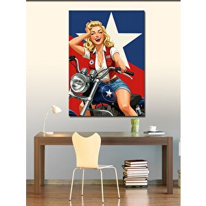 Kanvas Tablo Motorsikletli Retro Kadın Ve Teksas Teması 100x140 cm