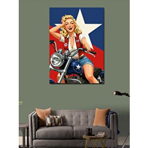 Kanvas Tablo Motorsikletli Retro Kadın Ve Teksas Teması 100x140 cm
