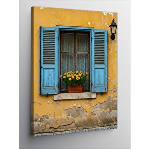 Kanvas Tablo Mavi Panjurlu Sarı Ev 50x70 cm
