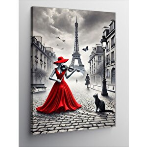 Kanvas Tablo Kırmızı Elbiseli Kadın Ve Eyfel Kulesi 50x70 cm