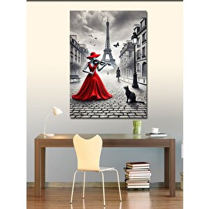 Kanvas Tablo Kırmızı Elbiseli Kadın Ve Eyfel Kulesi 50x70 cm