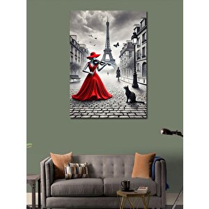 Kanvas Tablo Kırmızı Elbiseli Kadın Ve Eyfel Kulesi 50x70 cm