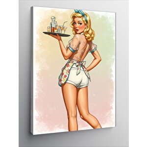 Kanvas Tablo Retro Şef Kadın Ve Tepsi 70x100 cm