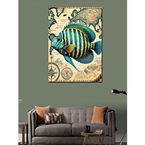 Kanvas Tablo Tropikal Balık Ve Antik Harita 70x100 cm