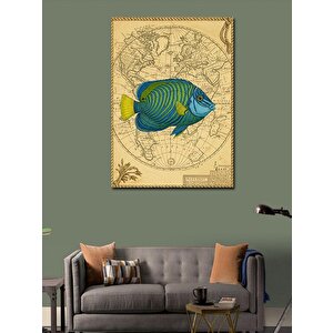 Kanvas Tablo Eski Harita Üzerinde Tropik Balık 70x100 cm
