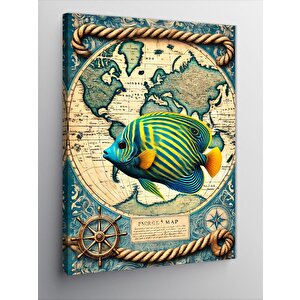 Kanvas Tablo Dünya Haritası Ve Tropik Balık 100x140 cm