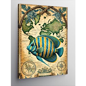 Kanvas Tablo Tropikal Balık Ve Dünya Haritası 70x100 cm